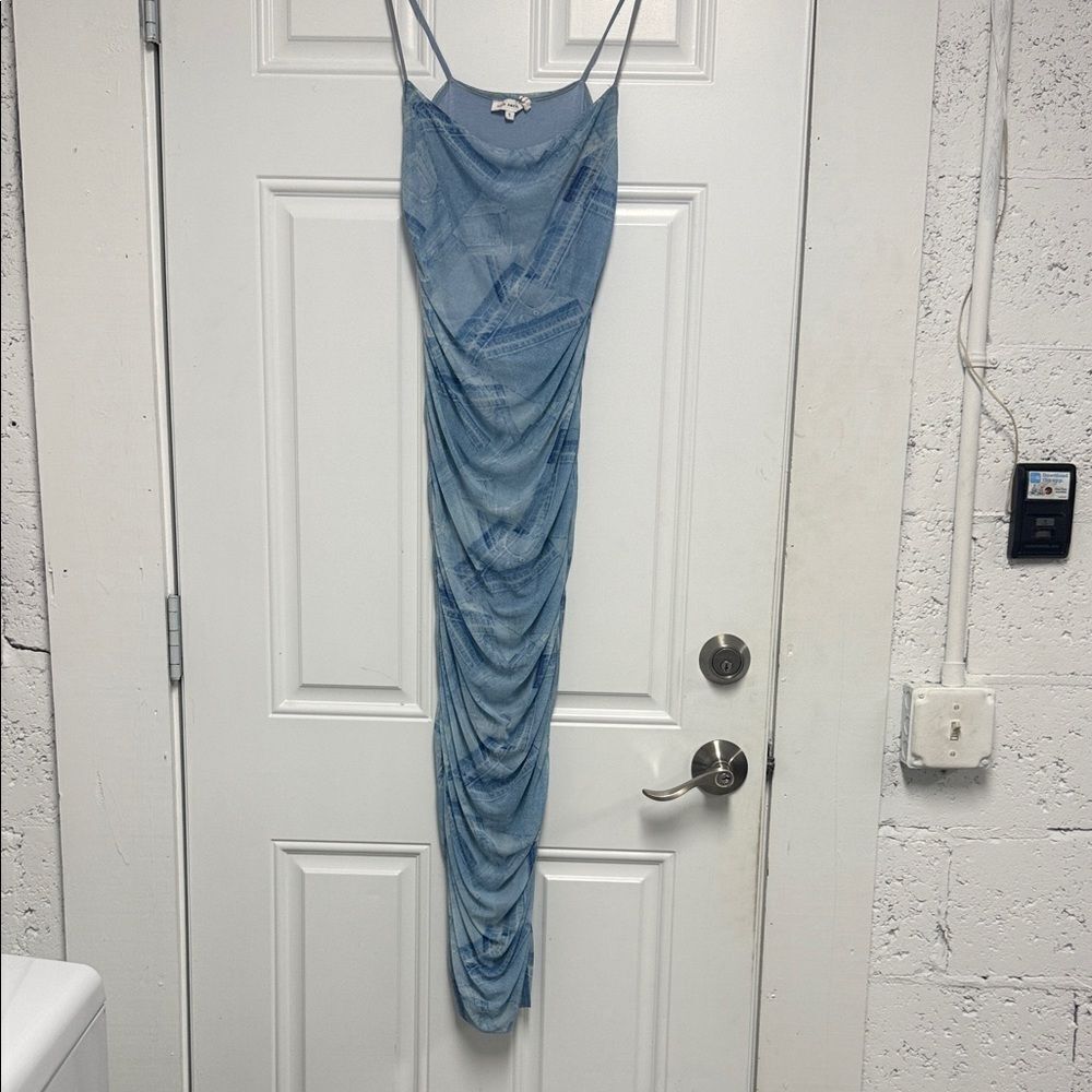 Good American Blue Maxi Dress Scrunched Side - Jean Denim Design Size 1 Stretch